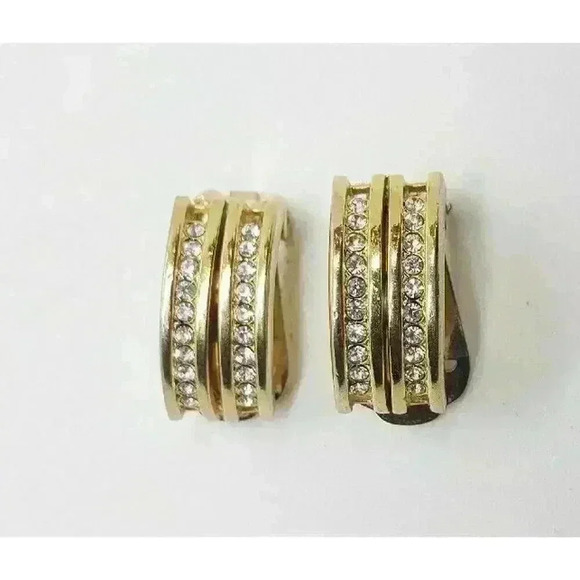 Vintage Hanae Mori Chanter Paris Clip Gold Rhinestone Earrings - Picture 8 of 11